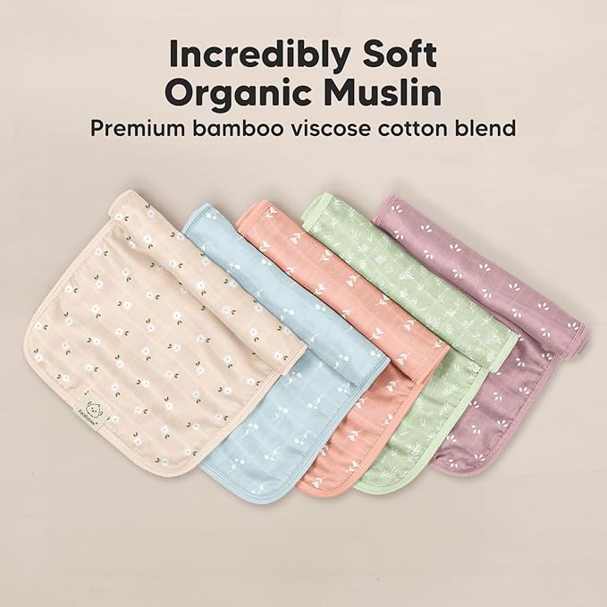 5-Pack Cotton Muslin Burp Cloths Baby Girls, Boys - Soft & Absorbent Spit Up Burp Rags, Large Muslin Towel, Cotton Wash Cloths for Babies, Newborn, Infant, No Shrink, Durable, Neutral (Bloom)
