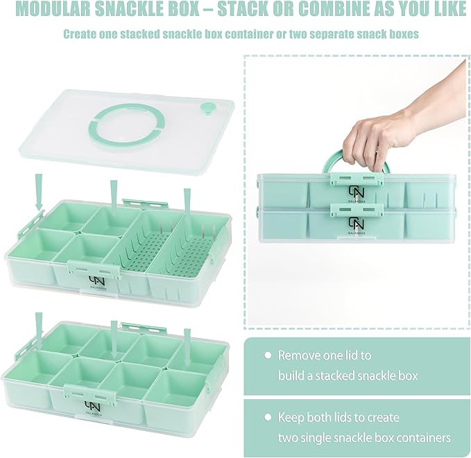 Stackable Snackle Box Container with 2 Lids, 14 Compartments - BPA-Free Snackle box Organizer, Dishwasher & Microwave Safe Reusable Snacklebox for Veggies, Fruits, Charcuterie, Snacks (Green, 2 Pack)