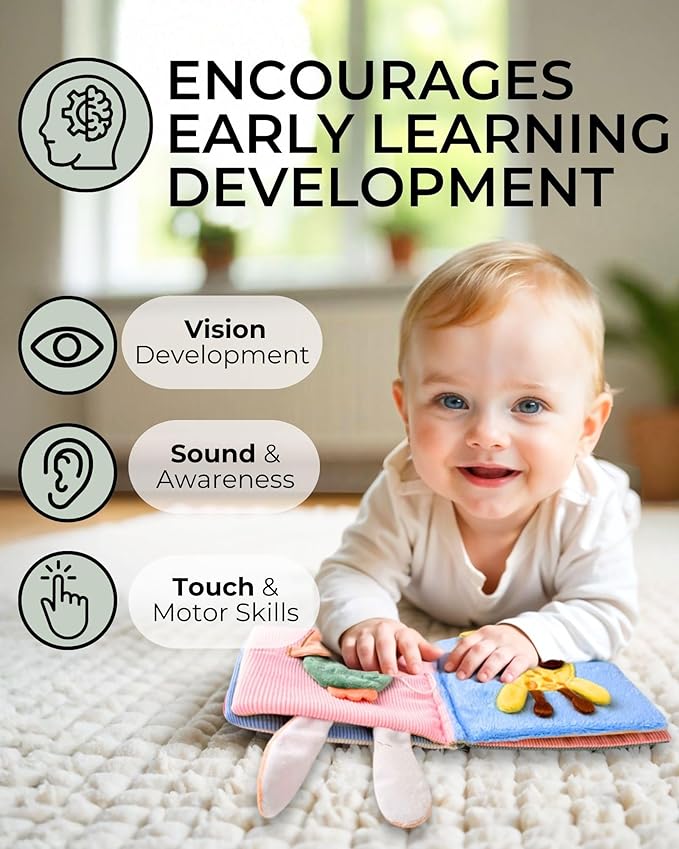 Cute Soft Baby Book with Mirror, Activities, Touch and Feel & Crinkle Pages - Interactive Sensory Cloth Toy for Babies 0-6, 6-12 & 12-18 Months - Adorable Animal Themes for Early Development