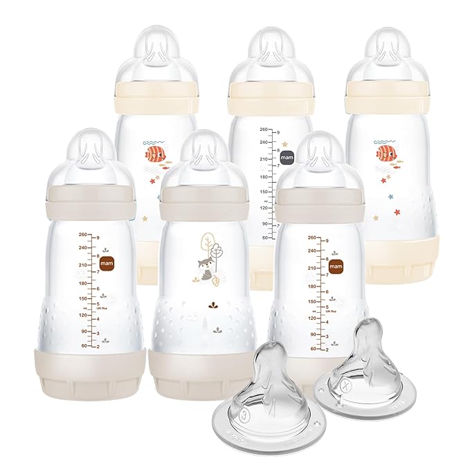 MAM 9oz Easy Start Anti-Colic Baby Bottles, Medium Flow with 2X Bonus Nipples (Fast and Extra Fast Flow), Reduces Colic, Gas, & Reflux, Easy-to-Clean, BPA-Free, 2 Plus Months (Pack of 6)
