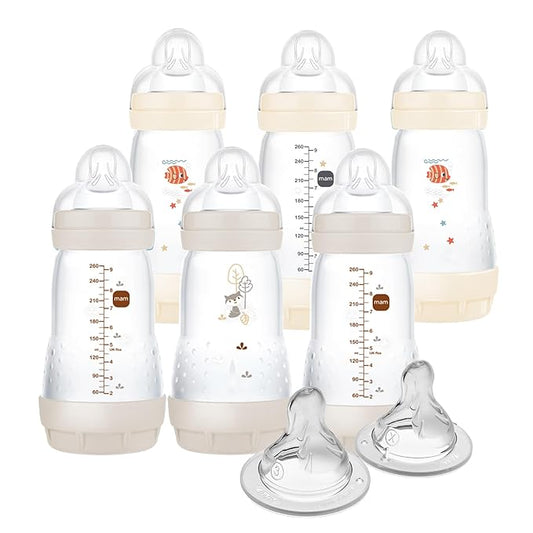 MAM 9oz Easy Start Anti-Colic Baby Bottles, Medium Flow with 2X Bonus Nipples (Fast and Extra Fast Flow), Reduces Colic, Gas, & Reflux, Easy-to-Clean, BPA-Free, 2 Plus Months (Pack of 6)