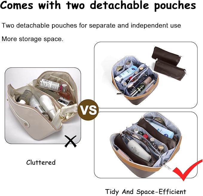 BOYATU Travel Makeup Bag Organizer Cosmetic Bag: 3 Pcs Set Make up Bags for Women with Handle - Waterproof Vegan Leather Toiletry Bags Travel Essentials Pouch with Compartments (D-01-Brown)