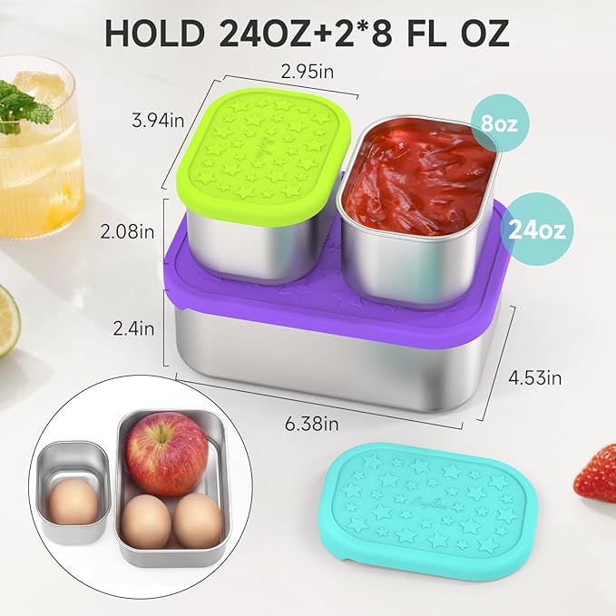 SOPHICO Stainless Steel 24 OZ Snack Containers for Kids，Food Storage Container with Silicone Lid - Perfect 304 Metal Toddler Lunch Box for Daycare and School, Leak Proof （Purple）