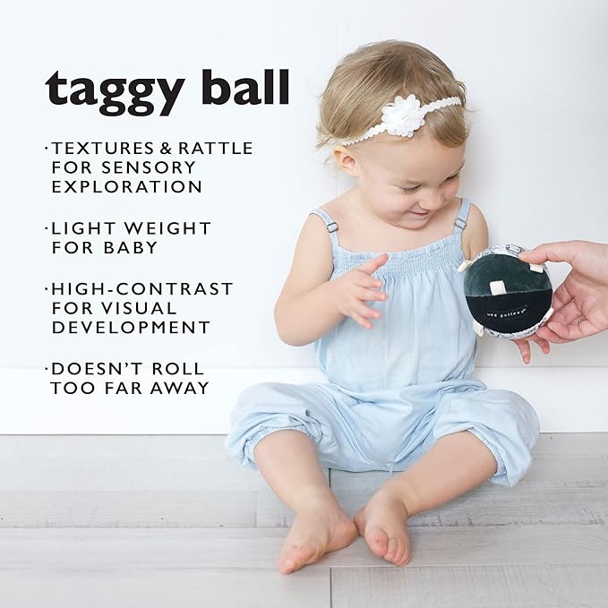Wee Gallery Taggy Ball with Rattle, Soft Sensory Baby Toy, Sensory Ball with Organic Cotton Fabric, Little Tags & Gentle Rattle for Tummy Time, Grasping & Developmental Play, Woodland