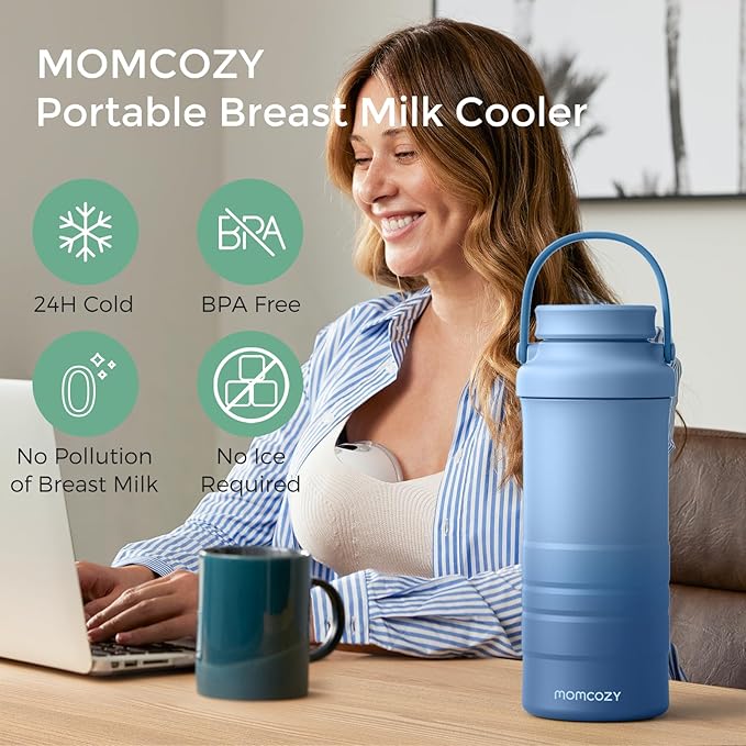 Momcozy 22oz Portable Breast Milk Cooler for Outdoor, Life Saver with 360° Total Cooling for 24 Hours, Larger Capacity Travel Breastmilk Chiller with 2pcs Baby Bottles for Breastmilk Storage, Blue