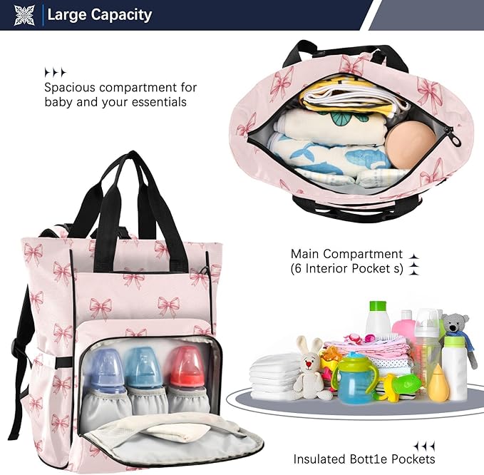 Emelivor Watercolor Bow Knot Pink Diaper Bag Backpack Large Capacity Travel Baby Bags Backpack Diaper Bags for Boy Girl Mama Travel Mom Dad