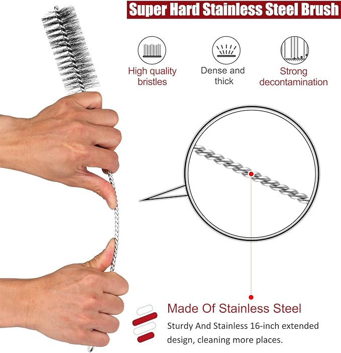 16 Inch Extra Long Pipe Cleaning Brush Set Stainless Steel Bristles, Stainless Steel Pipe Brush Steel Bottle Brush 8 Piece Variety Pack for Auto Parts, Bottles,Tubes, Etc.
