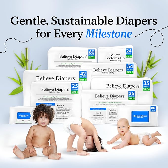 Believe Diapers Size 5 (>27 Lbs) Viscose Bamboo Diapers 25 Count – Natural Baby Diaper, Chemical Free and Fragrance Free Natural Diaper for Sensitive Skin, Super Absorbent with Leak Protection