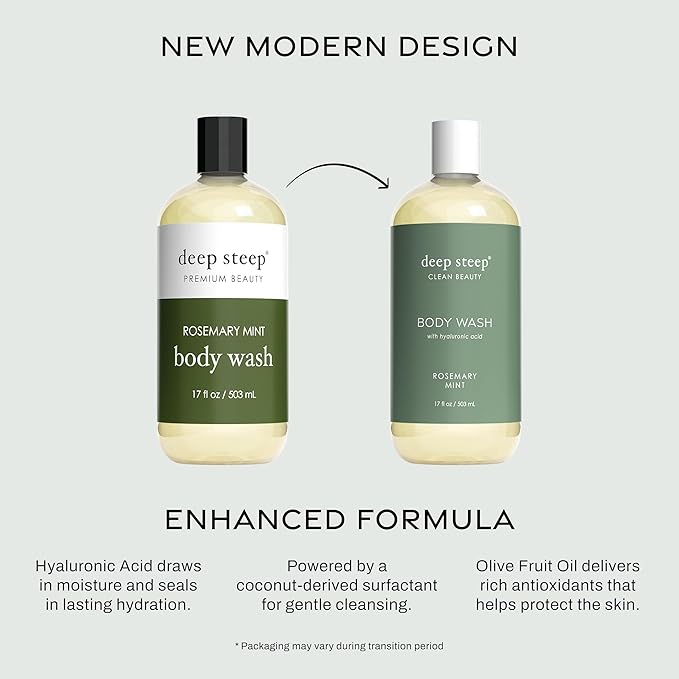 Deep Steep Body Wash, Rosemary Mint, 17 oz – Hydrating Shower Gel with Hyaluronic Acid, Shea Butter, Aloe Vera & Argan Oil – Vegan, Clean Beauty, Clean & Refreshed Skin