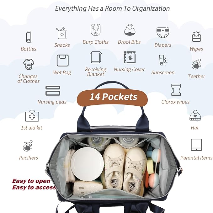 Diaper Bag Backpack: Tote Baby Bag for Boy and Girl, Large Mommy Bag Insulated Pockets Charger Holes for Men and Women, Nappy Bag for Baby Airplane Traveing Blue Grey