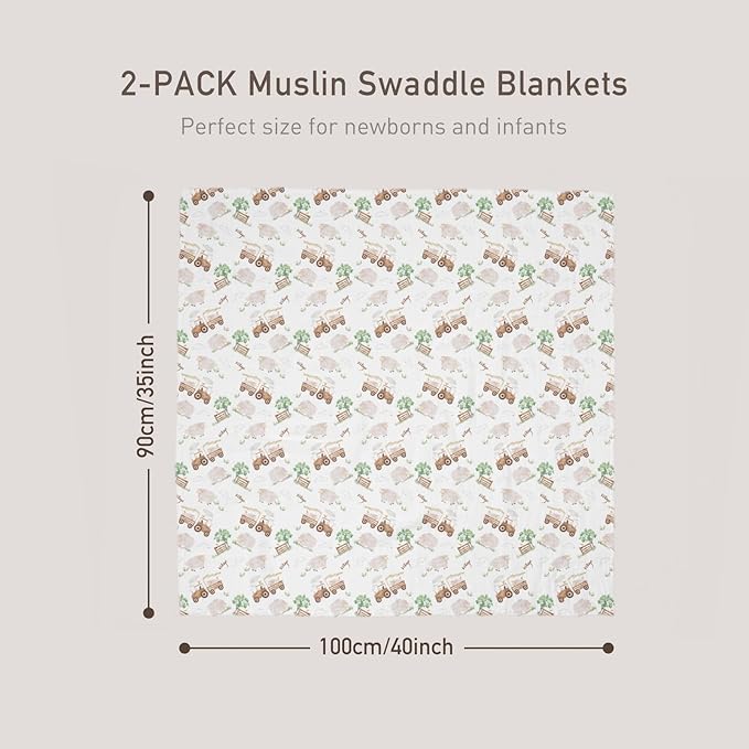 GLLQUEN BABY Muslin Swaddle Blankets Breathable Receiving Blankets (35" x 40") 2-Pack Soft Baby Blankets for Girls and Boys Newborn Essentials Muslin Burp Cloths Swaddle Wrap Baby Gift(Barn Prelude)