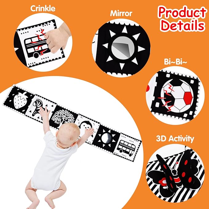 Thremhoo Black and White High Contrast Baby Toys 0-6 Months Soft Book for Brain Development, Tummy Time, Sensory, Montessori Learning Activities
