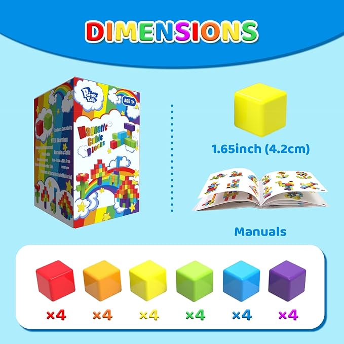 Magnetic Building Blocks, 1.65 inch Large Magnetic Stacking Cubes for Toddlers, Sensory & Montessori Toys for Boys & Girls 1 2 3 Years Old (24 PCS)