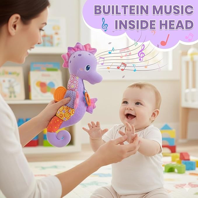Baby Toys 0-6 Months,Infant Musical Seahorse Stuffed Animals Sensory Toys with Bright Colors,Multiple Textures,Rattles & Crinkle Sound Paper,Tummy Time Toy for Newborn Boys Girls 0-12 Months-Purple