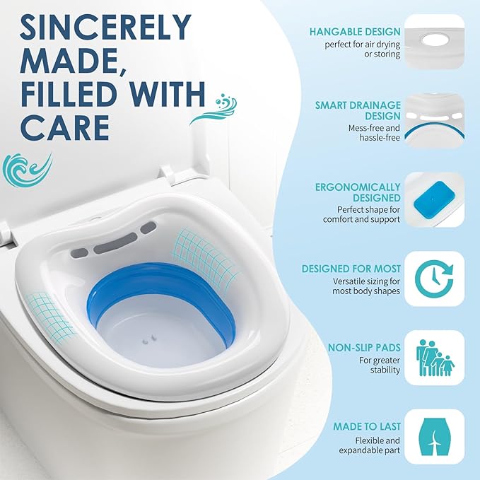 Soothic Sitz Bath for Toilet Seat, Sitz Bath for Hemorrhoids, Sitz Baths for Postpartum Care, Upgraded Collapsible Sitz Baths with Flusher, Drain Holes, Wider Seating Area, Deeper Bowl