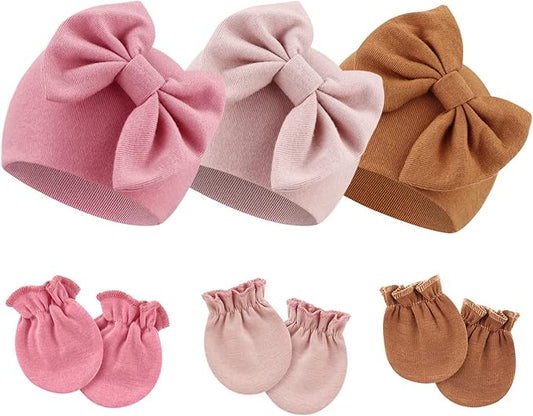 BQUBO Newborn Girls Hats Baby Hat and Mittens Set Infant Caps Bow Hospital Beanie with No Scratch Mittens for Baby Boys Girls