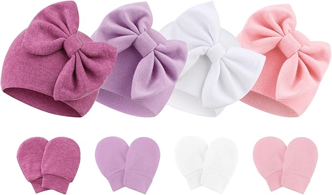 Newborn Baby Hats and Mittens Set Infant Bow Beanie Cap Toddler Gloves Newborn Hospital Hats for Baby Boy Girl 0-6 Months