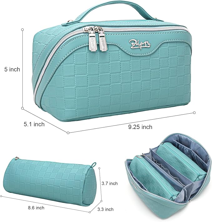 BOYATU Travel Makeup Bag Organizer Cosmetic Bag: 3 Pcs Set Make up Bags for Women with Handle - Waterproof Vegan Leather Toiletry Bags Travel Essentials Pouch with Compartments (G-11-Blue)