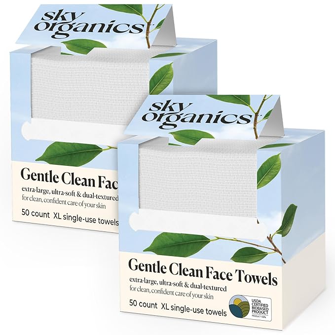 Sky Organics - Gentle Clean Face Towels (2-Pack) - 100 XL Single-Use Face Wipes - Ultra Soft & Dual Textured - Disposable Towel - Makeup Remover Wipes - Cruelty Free - Skin Care Tools - Self Care