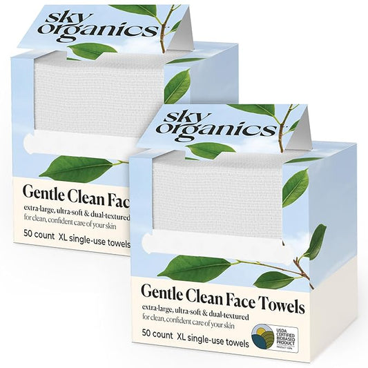 Sky Organics - Gentle Clean Face Towels (2-Pack) - 100 XL Single-Use Face Wipes - Ultra Soft & Dual Textured - Disposable Towel - Makeup Remover Wipes - Cruelty Free - Skin Care Tools - Self Care