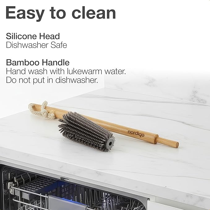 Extra Long Bottle Brush – 16" Bamboo Handle & Flexible Hygienic Silicone Head – Compatible with Sodastream (Not Aqua Fizz), Aarke Plastic Bottles, Vases, Tumblers | BPA Free | Scratch-Free