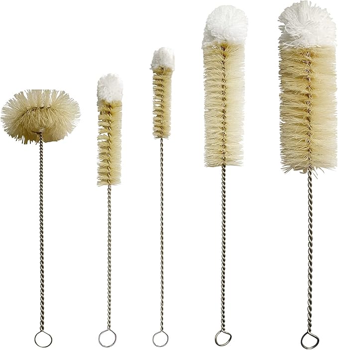 NewFerU Stainless Steel Soda Bottle Cleaning Brush Set in Natural Boar Bristle Wool Tip Long Handle, Flexible Bendable Thick Wire Cleaner for Narrow Neck Water Baby Bottles Straw Pipe Tube Flask (5)