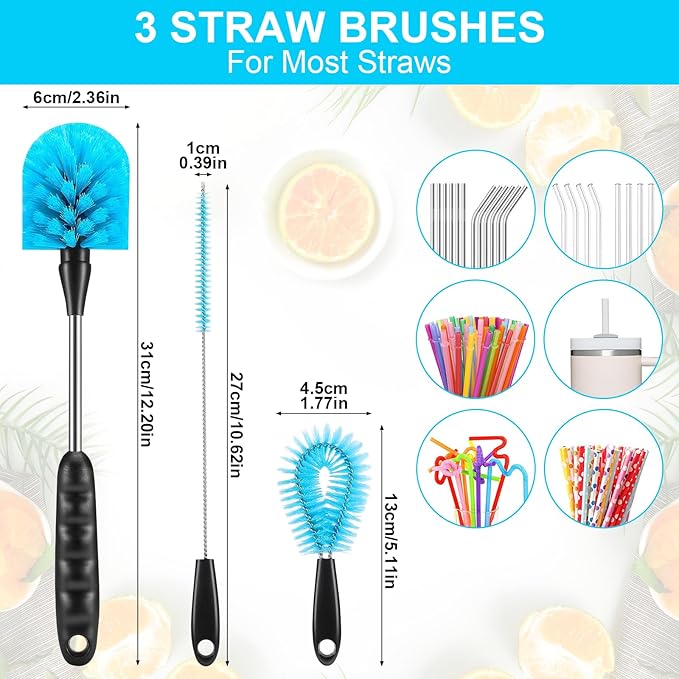 Water Bottle Cleaner Brush, Cup Cleaner Brush Set – 3-Pack 12.2” Stainless Steel Long Handle Brushes for Water Bottles, Baby Bottles, Coffee Cups, Flasks, Straws & Travel Tumblers