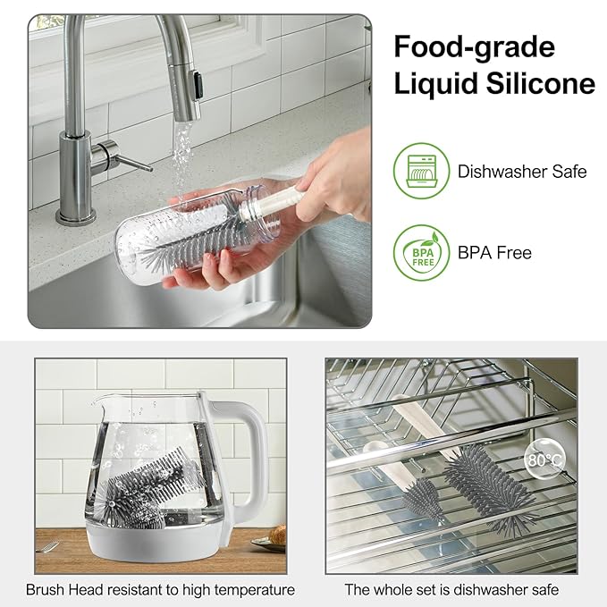 6 in 1 Baby Bottle Brush Set,Bottle Cleaner Brush Kit with Silicone Bottle Brush,Drying Rack,Nipple Brush,Straw Brush,Soap Dispenser&Storage Box,Portable Baby Essentials for Home&Travel (White)