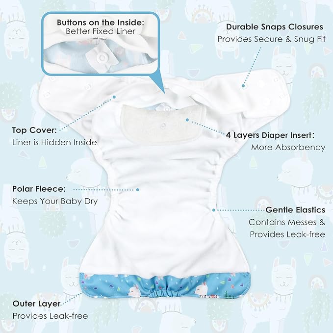wegreeco Cloth Diapers 5 Pack with 5 Inserts, Washable Cloth Diapers for Babies, One Size Adjustable Reusable (Fresh Animal)