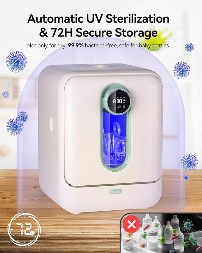 IAGREEA Baby Bottle Washer, Cleaning Machine with 4 Programs, Sterilization and Drying in One Step, 3.2L Water Tank, 360°Dual Spray, 72-hour Storage, Drawer Design, BPA-Free, One-Click Start