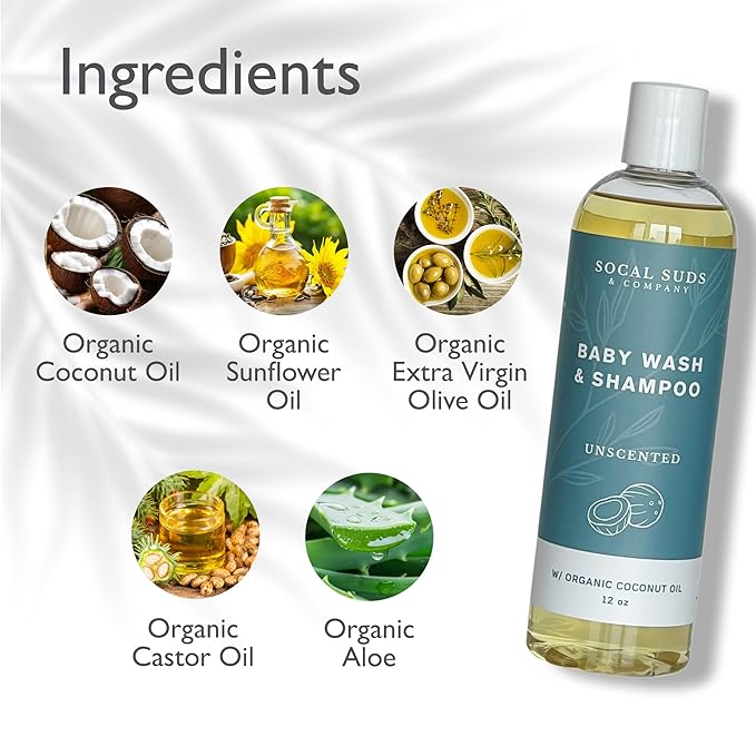 SoCal Suds & Company Organic Baby Shampoo and Body Wash - 2-in-1 Castile Soap, Hypoallergenic, Sensitive Skin, Natural Soap, Toddler Shampoo, Infant, Newborn, Kids Body Wash - 12oz Fragrance Free 2Pk