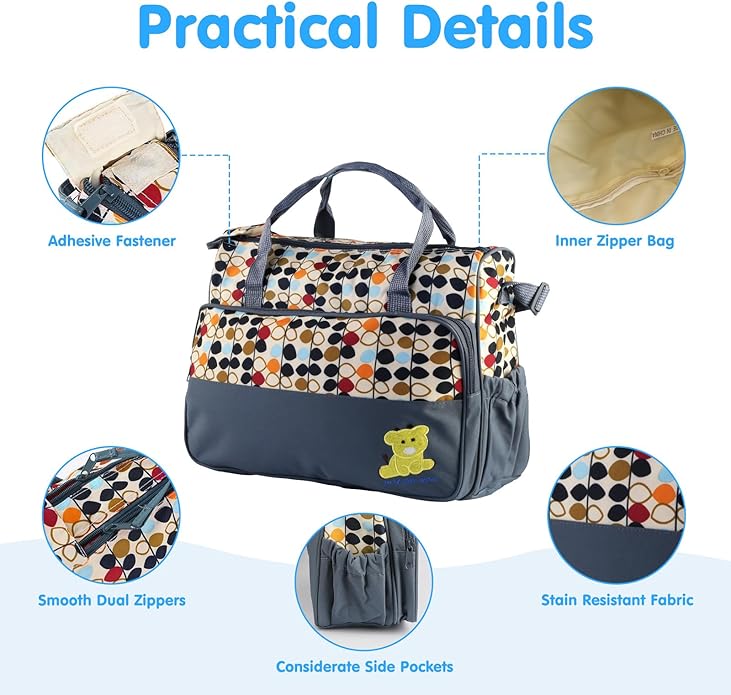 5PCS Diaper Bag Totes Set, Large Diaper Tote, Waterproof Maternity Bags, Cute Baby Diaper Organizer with Bottle & Food Bag