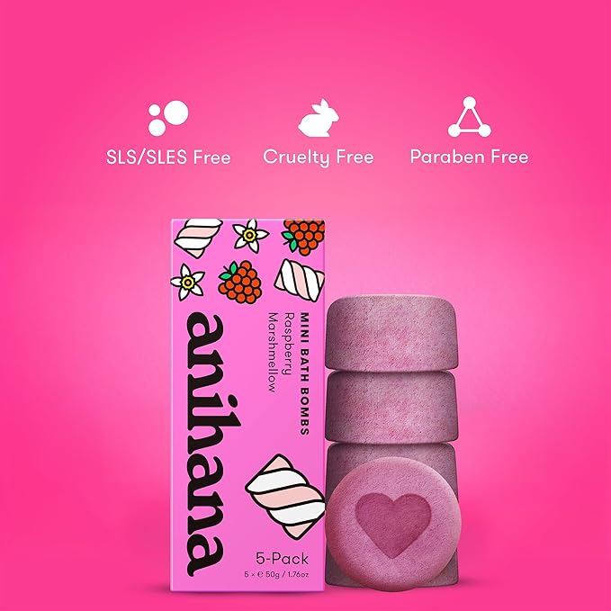 ANIHANA Mini Bath Bombs with Coconut Oil, Paraben Free, Hand-Crafted Luxury Fizzers, Refreshing Raspberry Marshmellow Scent, 1.76 oz Each, 5 Pack