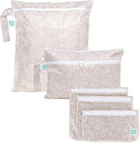 Bumkins - Waterproof Wet Bag, Wet/Dry Clutch & Clear Travel Bags - For Beach, Baby, Travel, Cloth Diapers, Pump Parts, Pool, Gym, Toiletries - Reusable & Easy to Clean - Boho Beige - 5 Pack