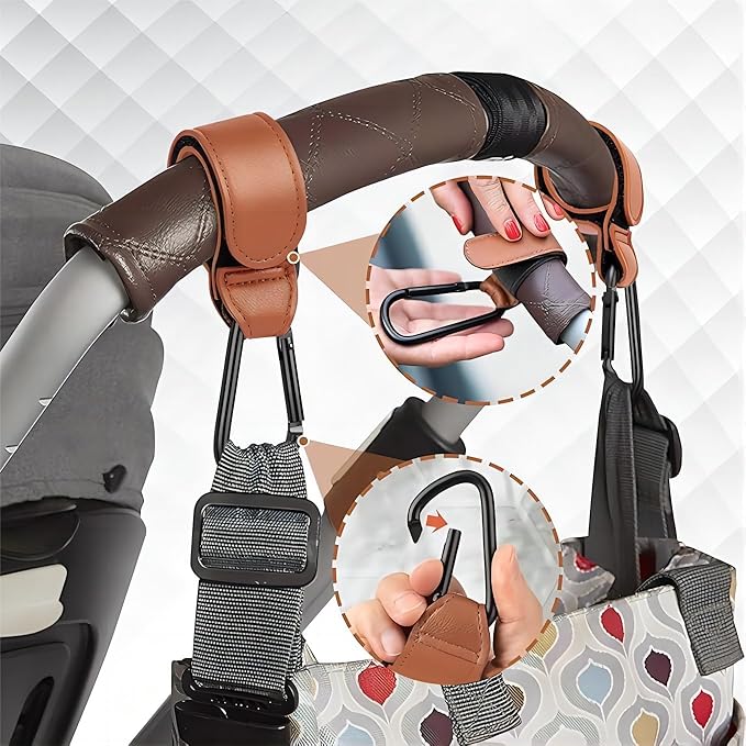 4PCS Stroller Hook Accessories, Multipurpose Stroller Bag Hooks, Leather Stroller Clips for Diaper Bags Pet Carts Grocery Shopping Bags(Black and Brown)