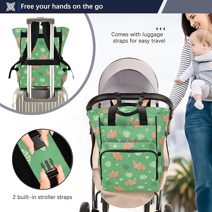 Emelivor Capybara Birds Green Diaper Bag Backpack Large Capacity Travel Baby Bags Backpack Diaper Bags for Boy Girl Mama Travel Mom Dad