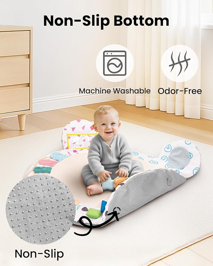 Baby Play Gym, Thickened and Non Slip Activity Mat, 5 Developmental Zones Tummy Time Mat with 5 Detachable Sensory Toys for Motor Skills, Baby Essentials Shower Gift Box(Bear)
