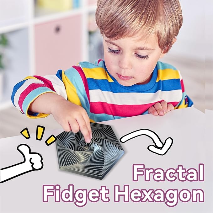 Fractal Fidget Hexagon-3D Printed Hexagon Fidget Toy, Infinity Cube Sensory Toys for Adults, Desk Spinning Toy, Hexagon Spiral Visual Fingertip Toys for Stress Anxiety (5.75in) (Black-Silver)