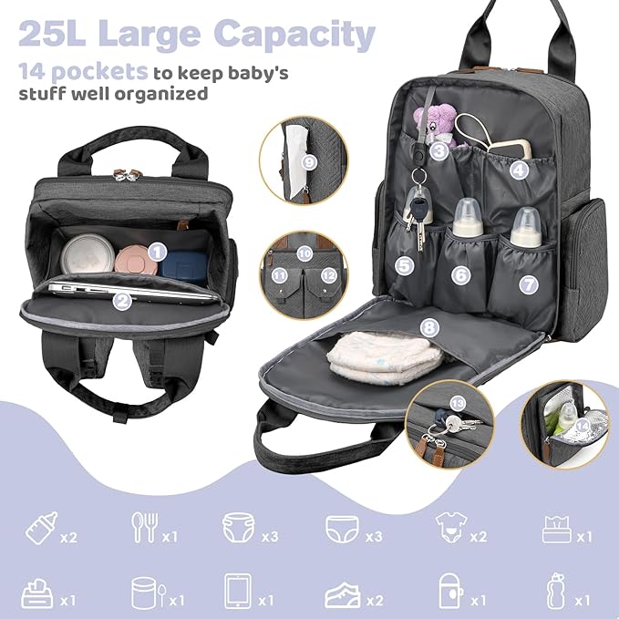 Diaper Bag Backpack - Large Diaper Bag with Portable Changing Pad as Baby Shower Gifts, Lightweight Waterproof Unisex Travel Baby Bag with 4 Insulated Pockets and Stroller Buckles, Dark Grey