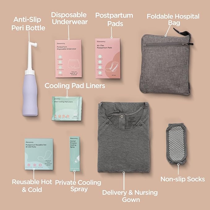 Upgraded Postpartum Recovery Essentials Kit for Women, Nursing Gown, Luggage Bags, Socks, Peri Bottle, Cooling Spray, Disposable Underwear, Postpartum Pads, Hot&Cold Packs, Cooling Liners