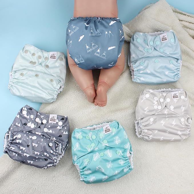 Mama Koala 3.0 Pocket Cloth Diapers for Babies with Suede Cloth Lining, 6 Pack with 6 4-Layer Natural Cloth Diaper Inserts - Reusable and Washable Pocket Diapers(S-The Gray Sky)
