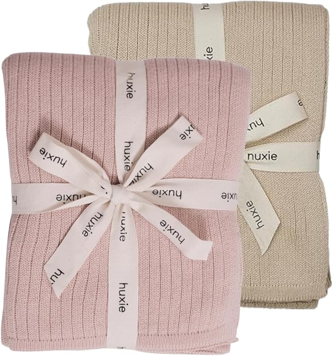 Knitted Organic Cotton Baby Blanket- Swaddle Blanket, 30" x 40" Soft Receiving Blanket for Newborn 2-Pack (Fog and Blush)