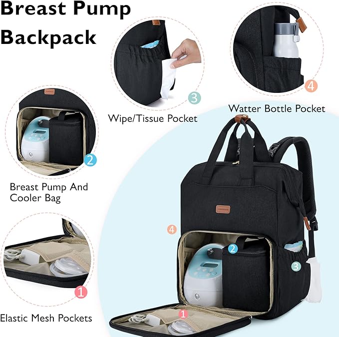 mommore Breast Pump Bag Backpack for Spectra S1,S2 Medela with Cloor Storage Bag Large Diaper Bag Backpack for Working Moms with 15.6 inch Laptop Sleeve, Black