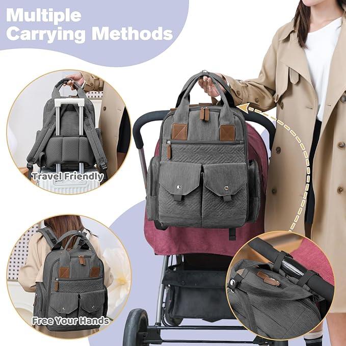 Diaper Bag Backpack - Large Diaper Bag with Portable Changing Pad as Baby Shower Gifts, Lightweight Waterproof Unisex Travel Baby Bag with 4 Insulated Pockets and Stroller Buckles, Dark Grey