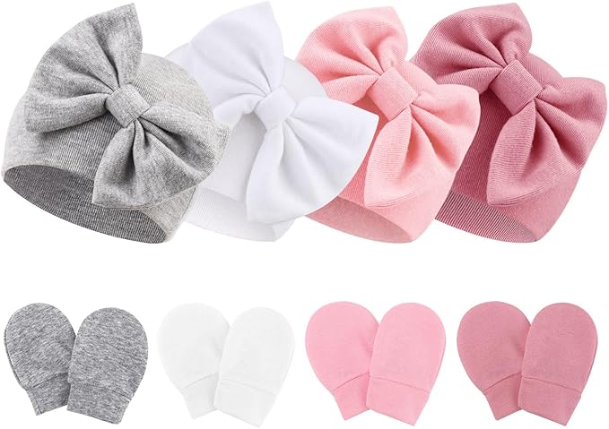 Newborn Baby Hats and Mittens Set Infant Bow Beanie Cap Toddler Gloves Newborn Hospital Hats for Baby Boy Girl 0-6 Months