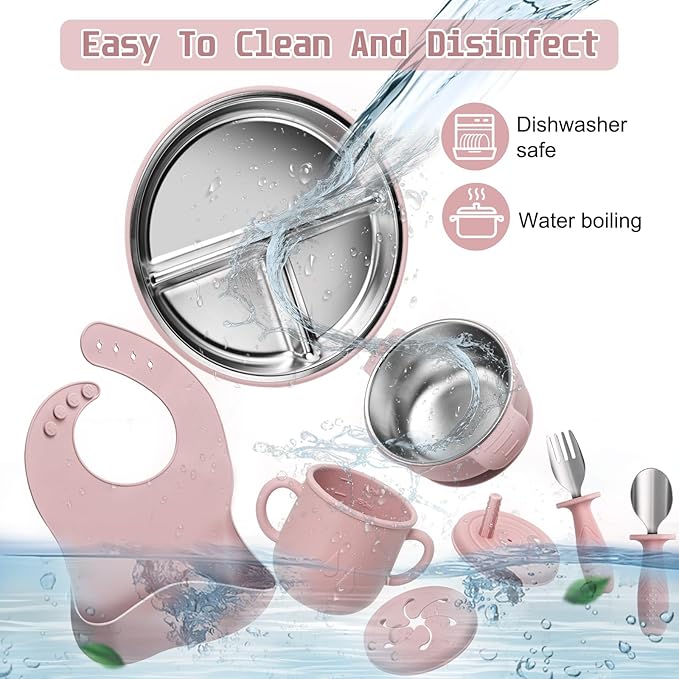 Stainless Steel Kids Plates and Bowls Set with Suction, Divided Baby Plate and Toddler Bowl with Removable Silicone Suction,Stainless Steel Weaning Bundle, Silicone Baby Feeding Set (Pink)