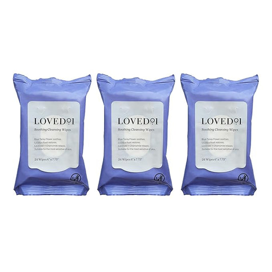 Loved01 Soothing Cleansing Wipes, Cleansing Makeup Remover Wipes for Sensitive Skin with Serum-Like Finish, Lavender Scent, 3-Pack (24 Wipes each)