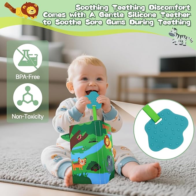 Baby Books Toys 0-12 Months with Teether,Tummy Time Crinkle Sensory Toys,High Contrast Touch & Feel Soft Book, Early Learning Infant Toys,Shower Gift for Boys Girls (Jungle Animal)