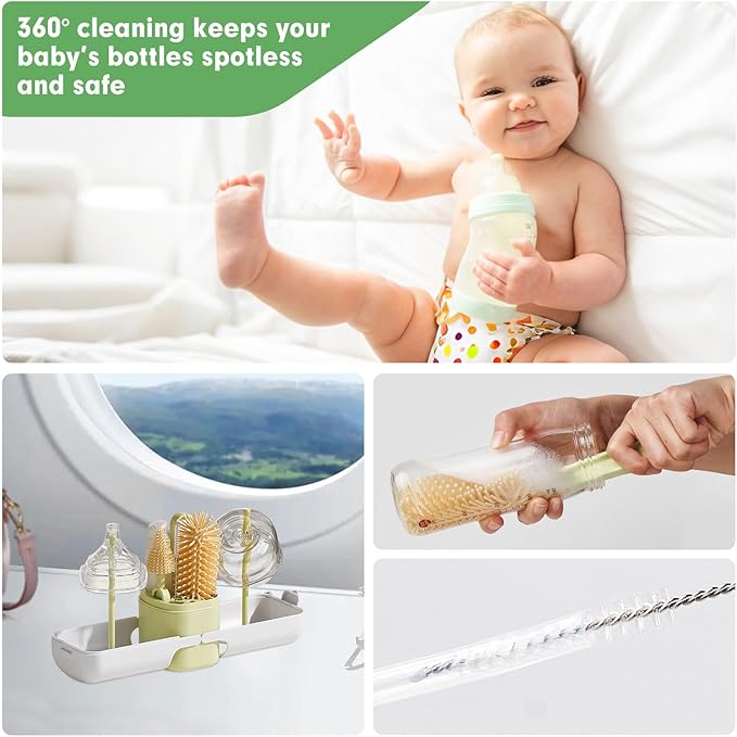 7-in-1 Baby Bottle Brush Set, Silicone Bottle Brush, Nipple Brush, Straw Cleaner, Travel Bottle, Drying Rack, Cleaning Kit