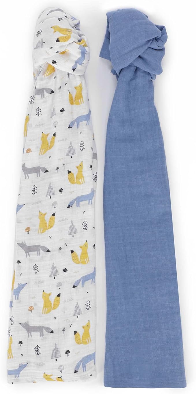 Featherhead™ 100% Cotton Muslin Swaddle Blankets for Baby Boy - Large 47”x 47” - Pre-Washed, Soft, & Breathable - Newborn Essential & Perfect Baby Registry Gift (2 Pack - Blue Foxes)
